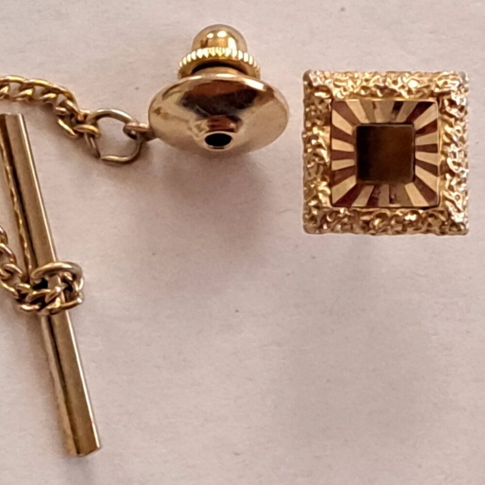 Unique 3/8" Square Gold W/ Qartz Center Plated Dress Tie Pin